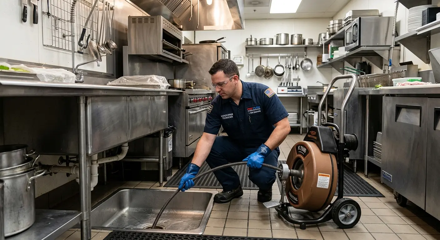 Commercial drain cleaning service in a restaurant kitchen in Stickney