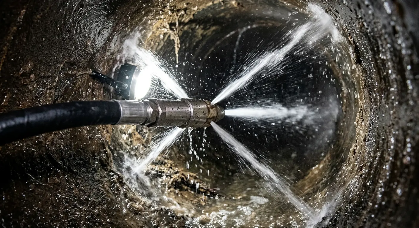High-pressure hydro jetting nozzle cleaning sewer pipe for Trenchless Sewer Repair in Stickney