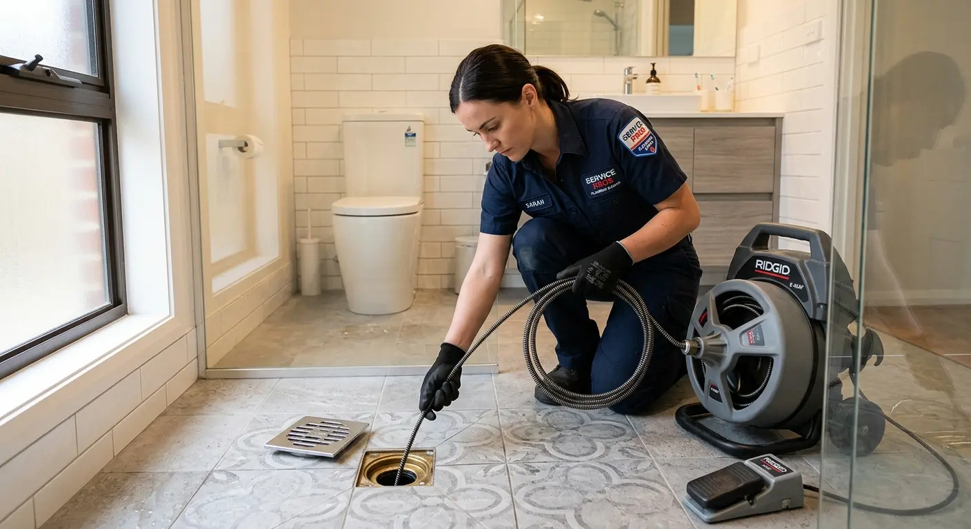 Technician clearing a bathroom floor drain for Sewer Line Replacement in Stickney